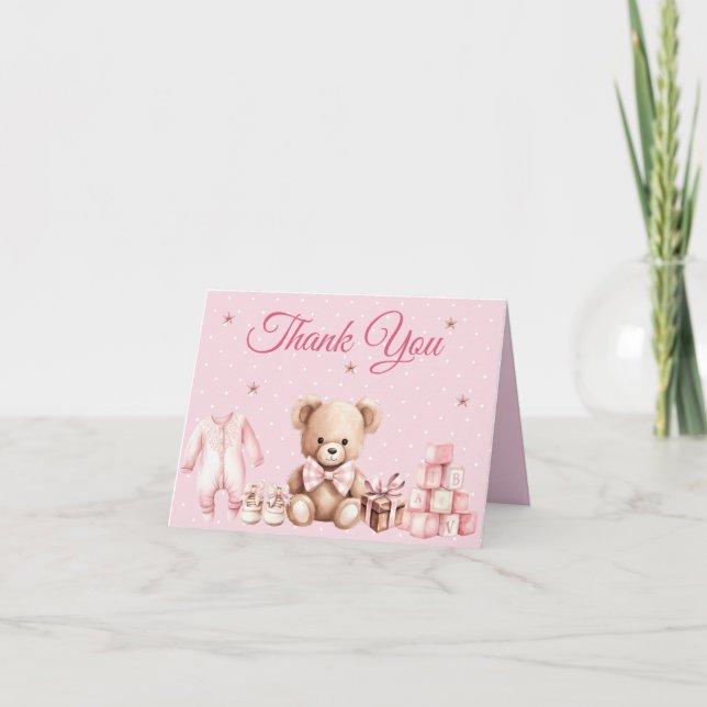 Cartão De Notas Chá de Bebê do Ursinho Rosa Pastel Obrigada (Frente)