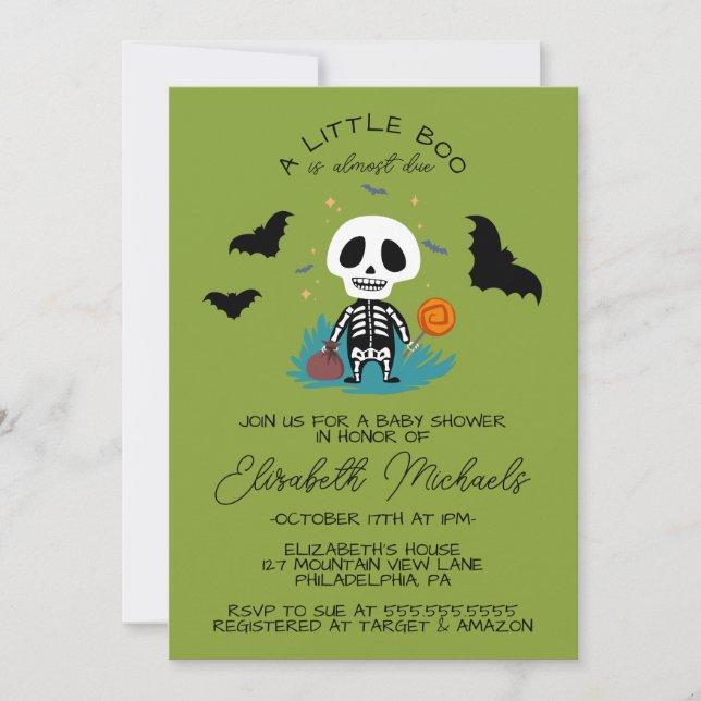 Cartão De Notas CHÁ DE BEBÊ | Halloween Lil' Boo Skeleton (Frente)