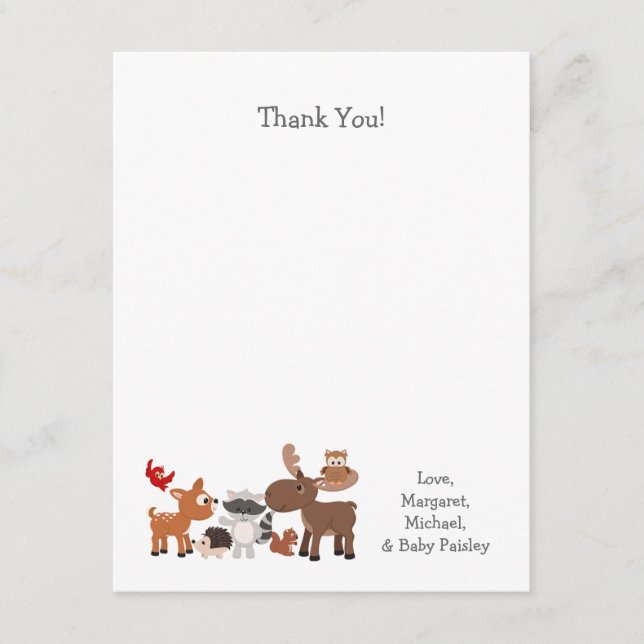 Cartão De Notas Chá de fraldas de animais da floresta, obrigado (Frente)