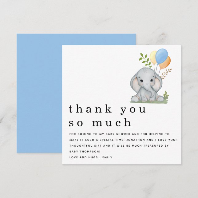 Cartão De Notas Chá de fraldas Elefante Bonito Azul Obrigado (Frente/Verso)