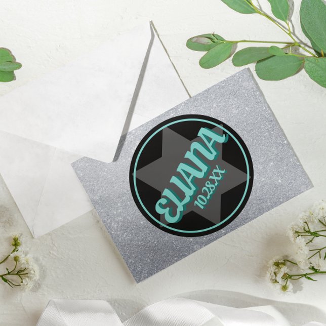 Cartão De Notas Chalkboard Teal Sparkly Name Logo Bat Mitzvah (Criador carregado)
