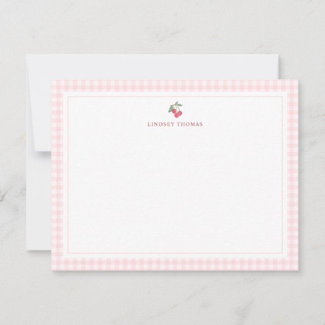 Cartão De Notas Cherries Pink Gingham Border Personalized (Frente)