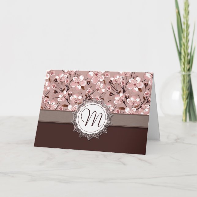 Cartão De Notas Cherry Blossoms with Lace Monogram (Frente)
