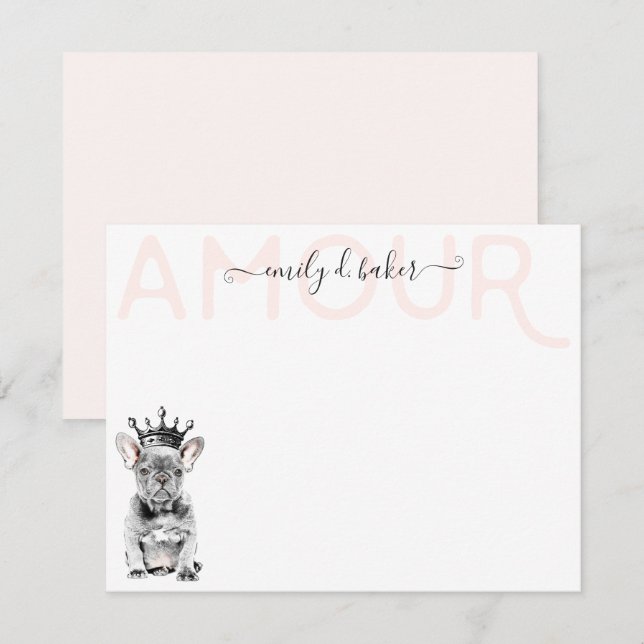 Cartão De Notas Chic French Bulldog Frenchie Love Royal Stationery (Frente/Verso)