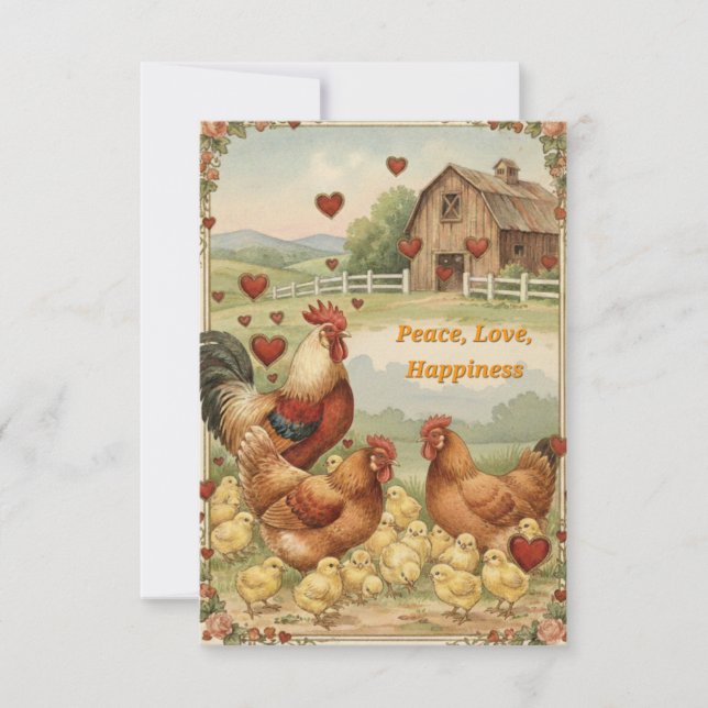Cartão De Notas Chicken Barnyard Love, Peace Valentine's day card (Frente)