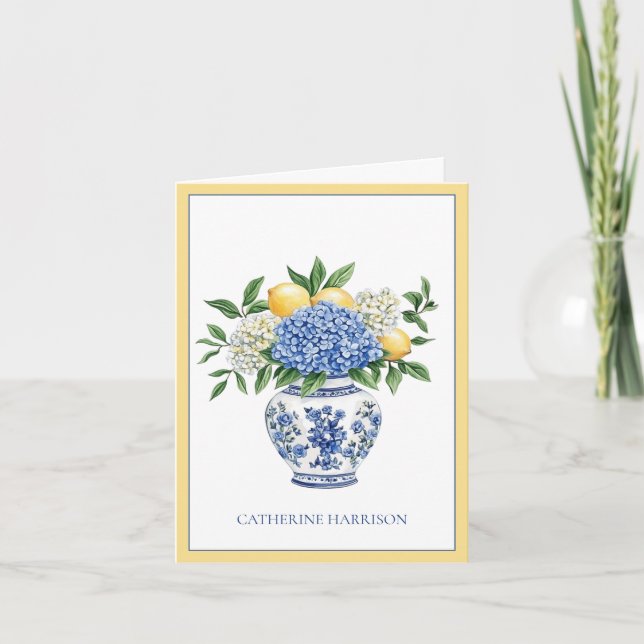 Cartão De Notas Chinoiserie azul e branca com Hydrangeas (Frente)