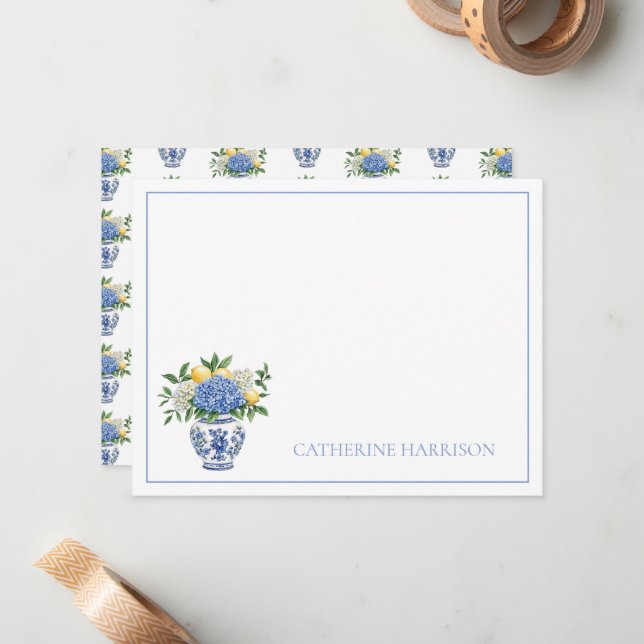 Cartão De Notas Chinoiserie azul e branca com Hydrangeas (Frente/Verso In Situ)