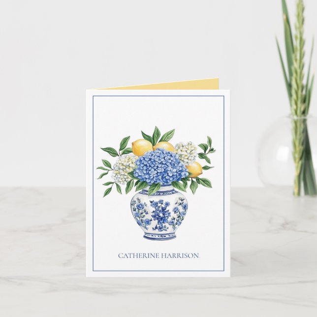 Cartão De Notas Chinoiserie azul e branca com Hydrangeas (Frente)