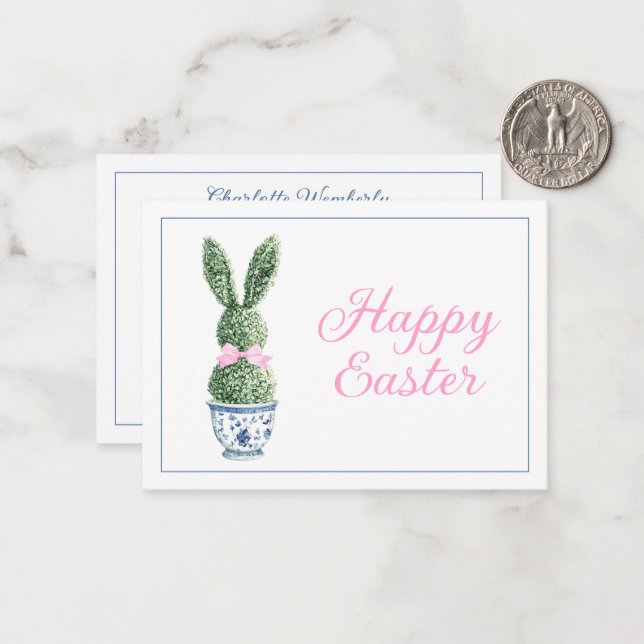 Cartão De Notas Chinoiserie Azul e Branco com Topiaria de Coelho (Frente/Verso In Situ)