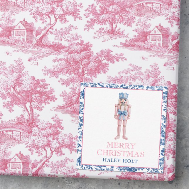 Cartão De Notas Chinoiserie Azul e Rosa Nutcracker de Natal (Photo of a pink and blue chinoiserie christmas gift with a gift enclosure card.)