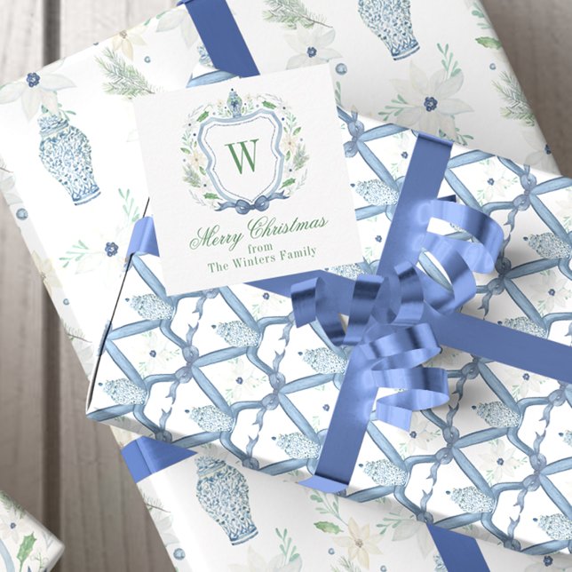 Cartão De Notas Chinoiserie Ginger Jar Monograma Crest (Watercolor Chinoiserie Ginger Jar Christmas Monogram Crest Gift Enclosure Cards)