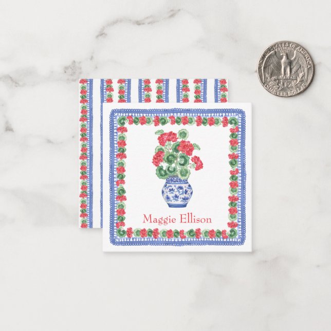 Cartão De Notas Chinoiserie Vase do Red Geraniums Gift Enclosure (Frente/Verso In Situ)
