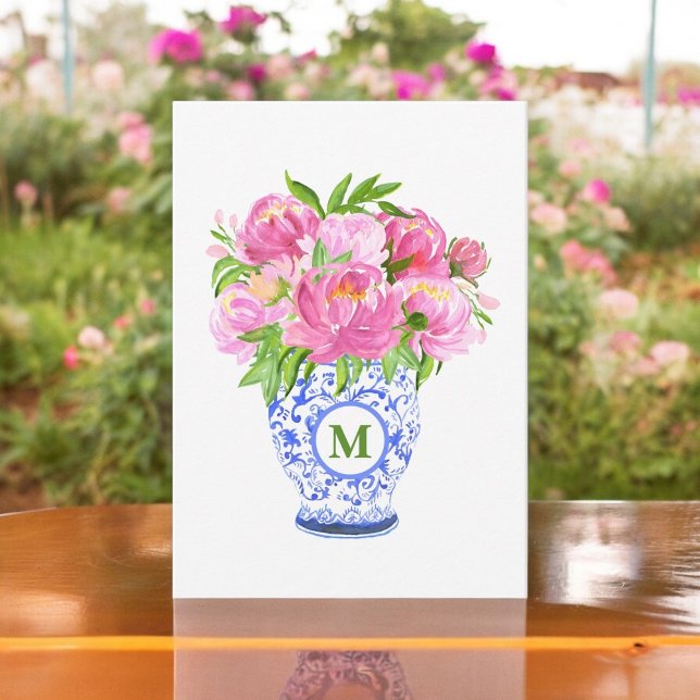Cartão De Notas Chinoiserie Vase Green Monograma de Peonias Rosa (Criador carregado)