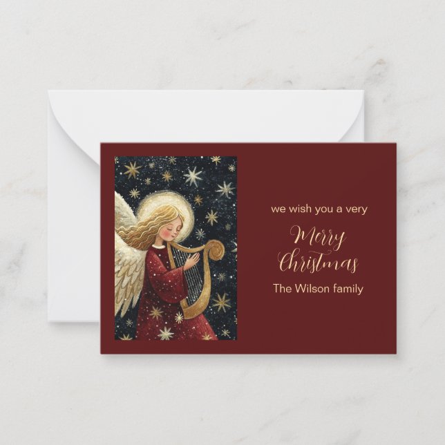 Cartão De Notas Christmas Angel Harp Starry Night Holiday Card (Frente)
