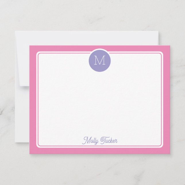 Cartão De Notas Circle Monogram Initial Preppy Pink Purple (Frente)