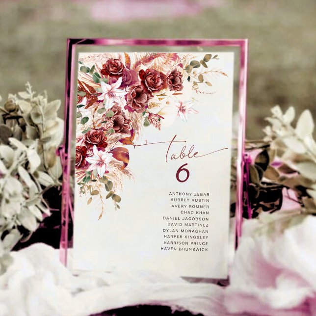 Cartão De Notas Classic Burgundy Rose & Blush Floral Table Number (Criador carregado)