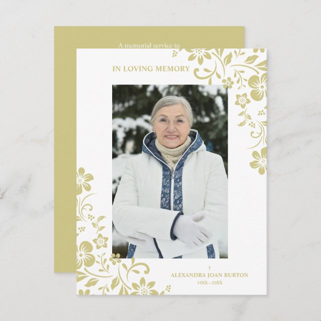 Cartão De Notas Classic Gold Floral Funeral Service Dear One Photo (Frente/Verso)