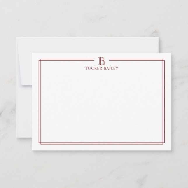 Cartão De Notas Classic Initial Monogram Red Border Stationery (Frente)