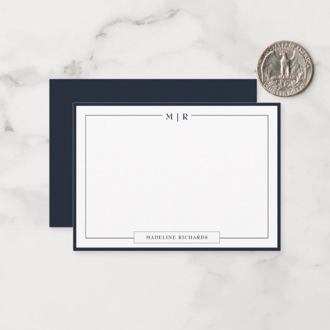 Cartão De Notas Classic Monogram Navy Blue Border Stationery (Frente/Verso In Situ)