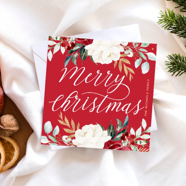 Cartão De Notas Clássico Vermelho Botânico Feliz Natal (Criador carregado)