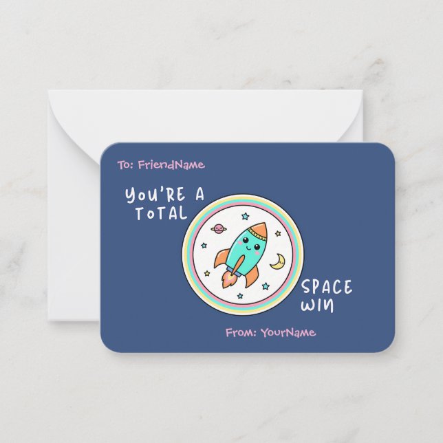 Cartão De Notas Classroom Valentines Card You’re a Total Space Win (Frente)