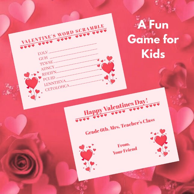 Cartão De Notas Classroom Valentine's Day Card Game-Word Scramble (Classroom Valentine's Day Card Game-Word Scramble-Kids)