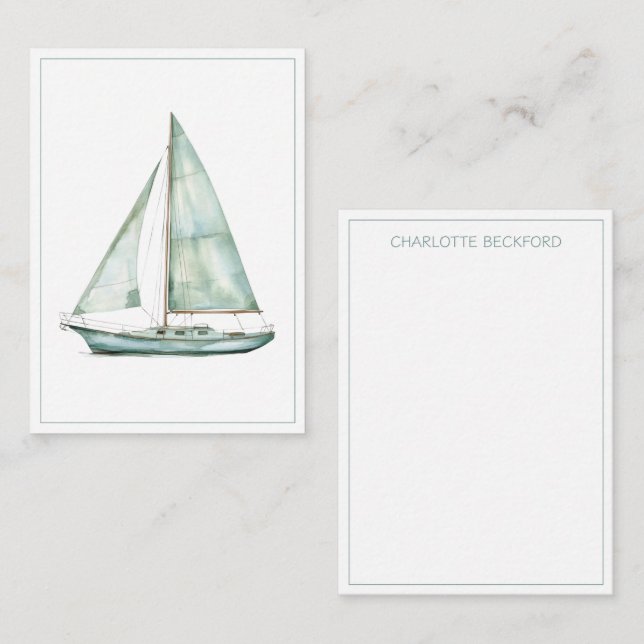 Cartão De Notas Coastal Blue Watercolor Sailboat Personalized (Frente/Verso)