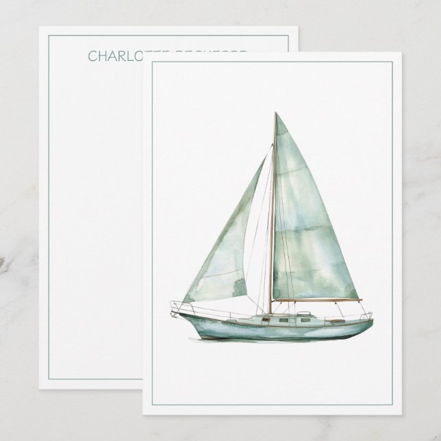 Cartão De Notas Coastal Blue Watercolor Sailboat Personalized Note (Frente/Verso)