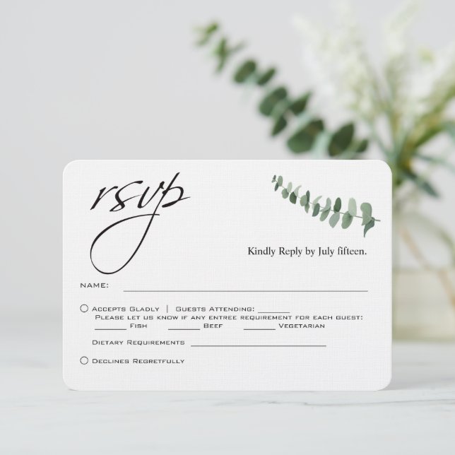 Cartão De Notas Código de Casamento Eucalyptus QR do Script Elegan (Em pé/Frente)