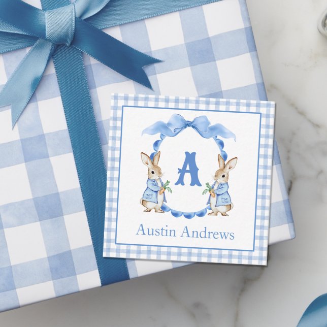 Cartão De Notas Coelho Azul Gingham Monograma Crest (Criador carregado)