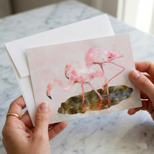 Cartão De Notas Companheirismo de Flamingos Rosa na Arte em Aquare