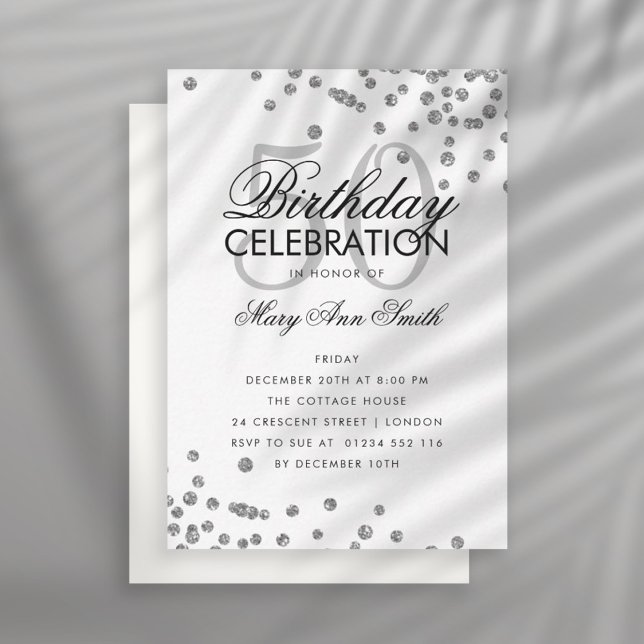 Cartão De Notas Confetti Silver Invite de Festa de aniversário Orç (Criador carregado)