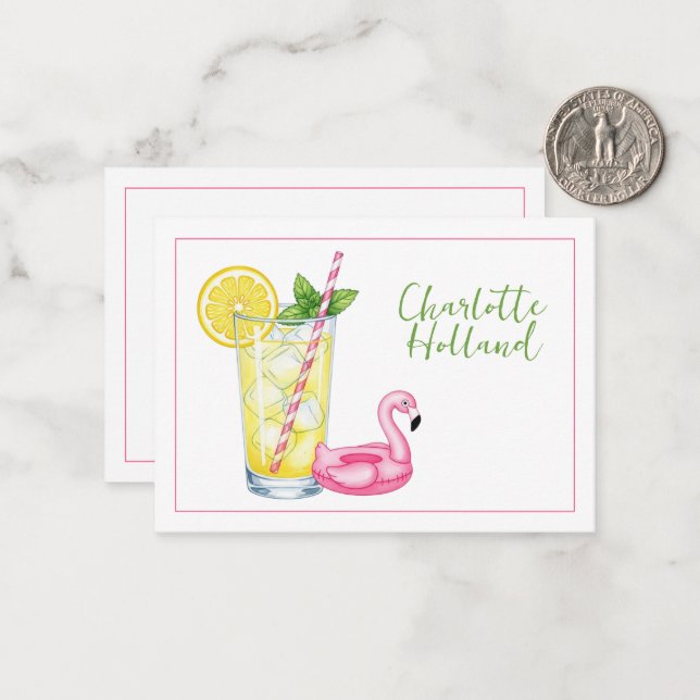 Cartão De Notas Copo de Limonada Com Flamingo (Frente/Verso In Situ)