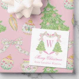 Cartão De Notas Cor da Água Rosa e Monograma Verde Crest