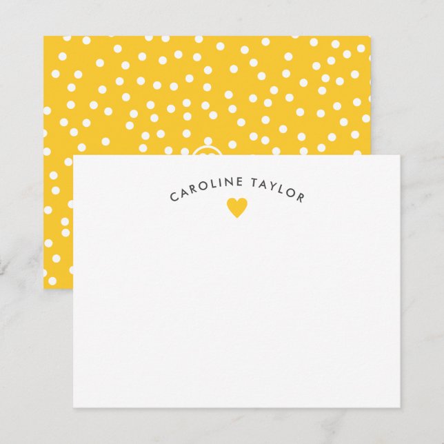 Cartão De Notas Coração Amarelo Sol e Pontinhos Fofo Menina (Frente/Verso)