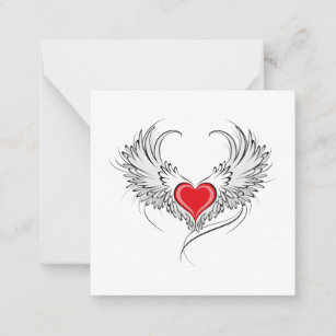 Cartão De Notas Coração Anjo Vermelho com asas