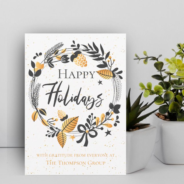 Cartão De Notas Corporativo | Coroa Amarela Preta | Feriados feliz (Corporate | Yellow Black Wreath | Happy Holidays Note Card)