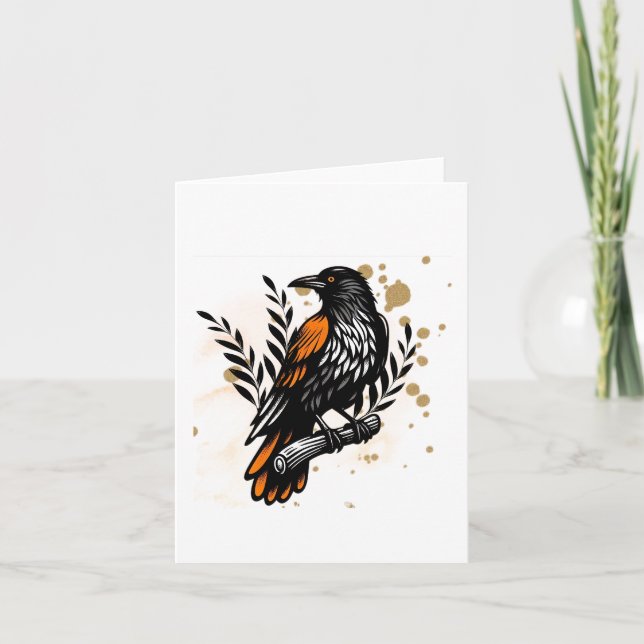 Cartão De Notas Corvo em Aquarela Branco (Frente)