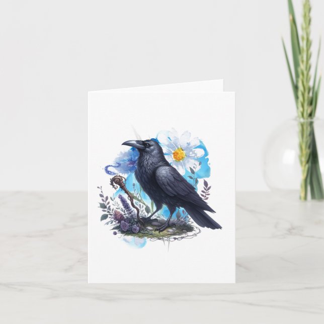 Cartão De Notas Corvo em Aquarela Branco (Frente)