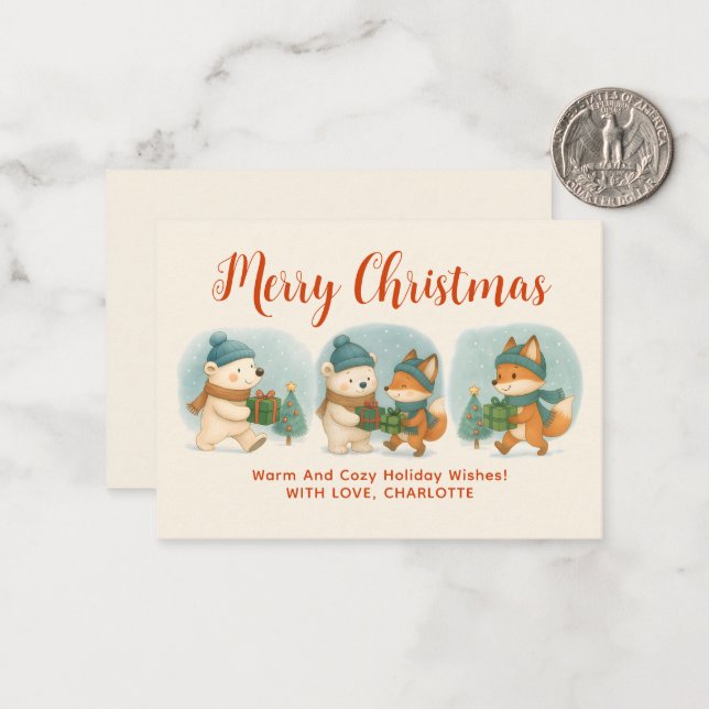 Cartão De Notas Cozy Christmas Animals Adorable Holiday Note Card (Frente/Verso In Situ)