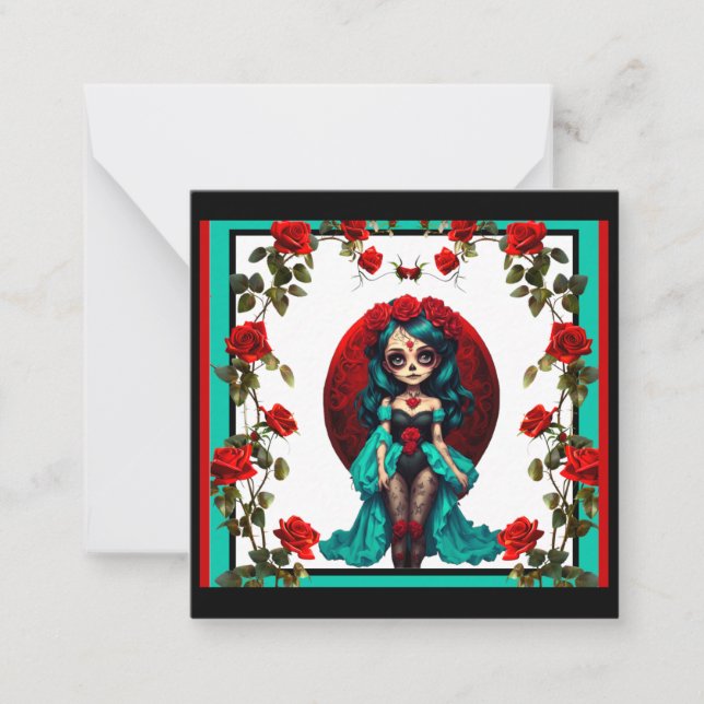 Cartão De Notas Crânios de Açúcar com Rosas Azuis e Vermelhas (Frente)