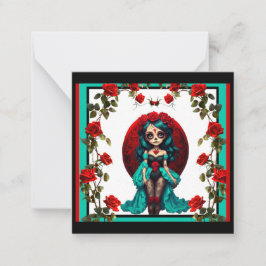 Cartão De Notas Crânios de Açúcar com Rosas Azuis e Vermelhas