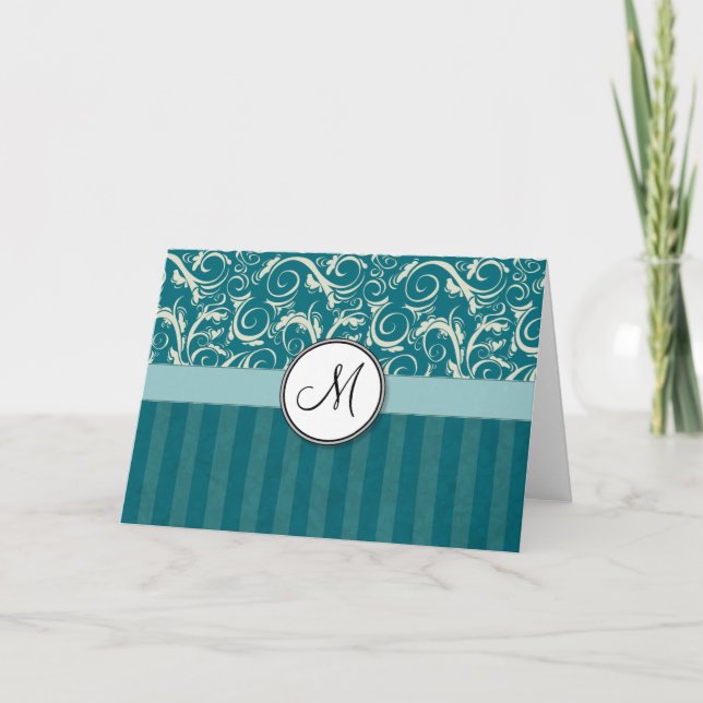 Cartão De Notas Cream on Teal Floral Wisps & Stripes with Monogram (Frente)