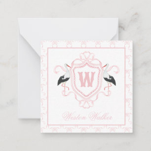 Cartão De Notas Crest Monograma Arco Cegonha Rosa Aquarela