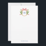 Cartão De Notas Crista monograma com vegetação<br><div class="desc">Elegante personalizado pintado manualmente com aquarela Monograma em crista com verde de inverno e cartão de nota arco vermelho, perfeito para cartas de Natal escrevendo para amigos e familiares. O cartão de Natal de foto correspondente e o adesivo de endereço de devolução e o selo do envelope também estão disponíveis....</div>