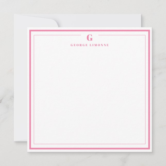 Cartão De Notas Custom Monogram Pink Border Stationery  (Frente)