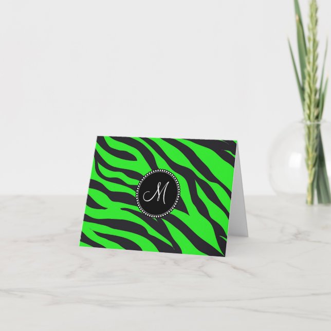 Cartão De Notas Custom Monogrammed Initial Neon Green Black Zebra (Frente)
