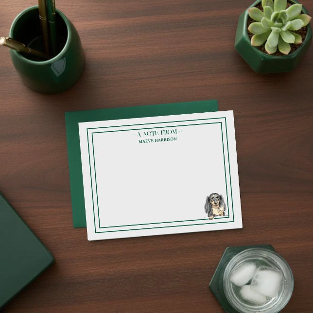 Cartão De Notas Custom Name Hand Drawn Dachshund Reading (Gift custom stationery to the dog lover in your life! )