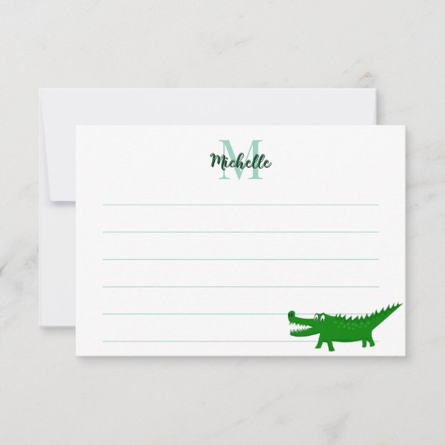 Cartão De Notas  Cute Alligator Drawing Lined Monogram Custom (Frente)
