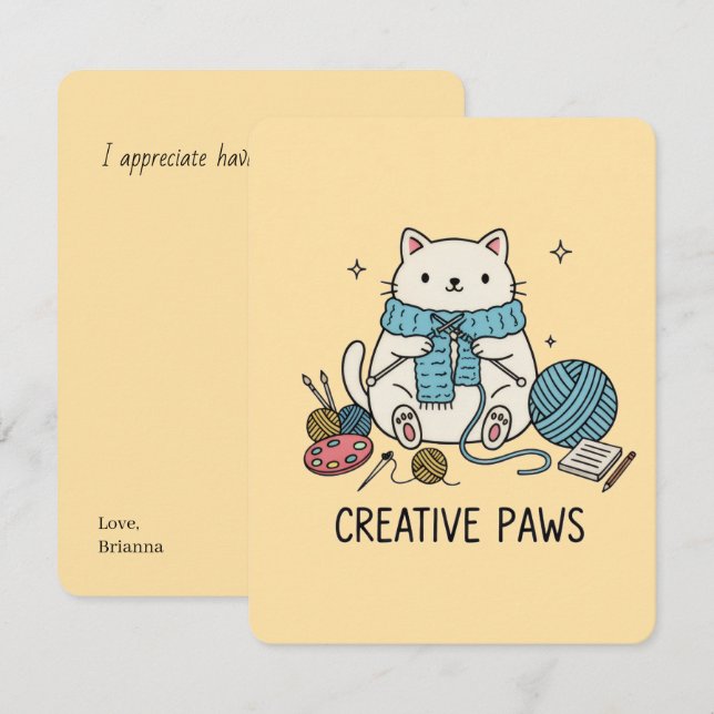 Cartão De Notas Cute Beige Cat Knitter Yellow Vibes Hobby Supplies (Frente/Verso)